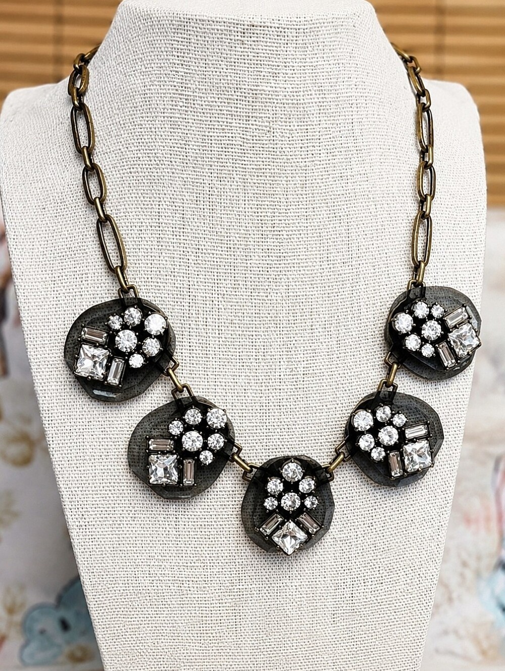 Transparent Acrylic Smoke Clear Rhinestone Oxidized Brass Statement Necklace